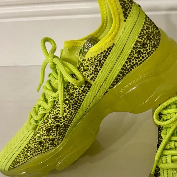Steve Madden MAXIMA Lace Up Rhinestone Neon Green Chunky Heel Sneakers Size 8 - Picture 4 of 14